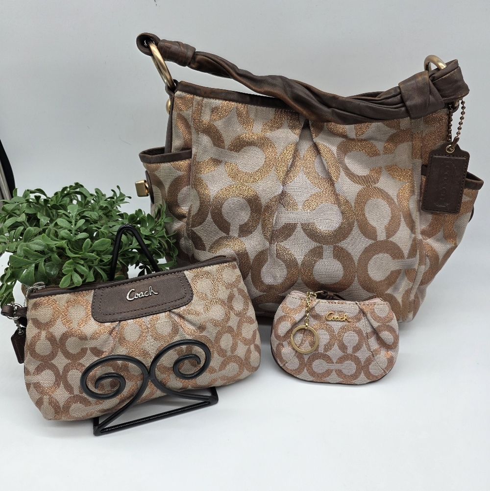 13508 Coach Parker Op Art Limited Edition Purse Rose Gold Copper Bag Wristlet 3!